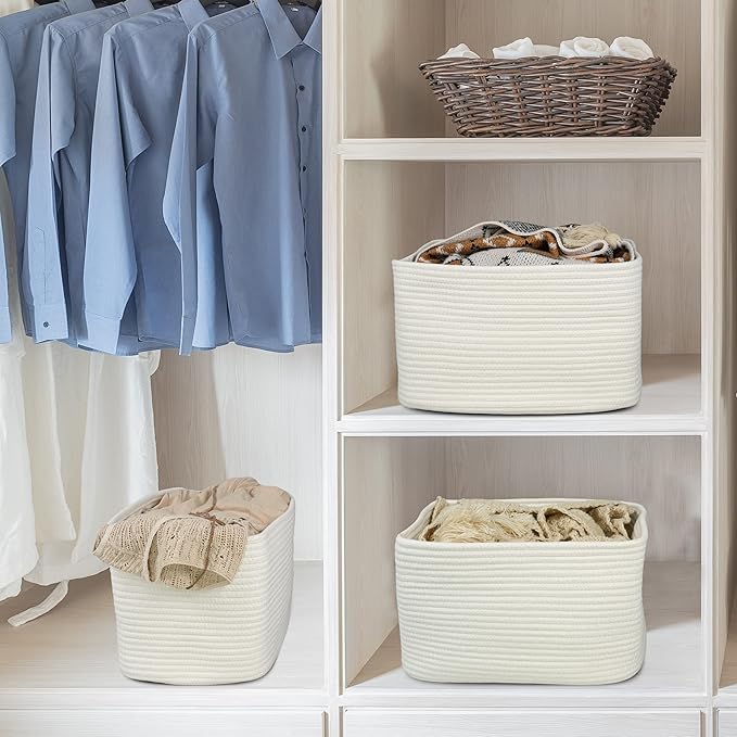 Cotton Rope storage Basket Bins Woven Basket for Organizing Shelves Rectangle Decorative Baskets For storage Clothes Toys Books Towels Square Wicker Nursery basket organizer 3 pack white-Ruum Studio Home