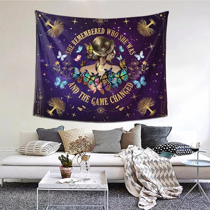 Inspirational Quote Tapestry She Remembered Who She Was And The Game Changed Positive Quotes Wall Decor,Uplifting Encouragement Gifts Inspirational Gift for Women Girls Tapestry for Bedroom 60"x50"-Ruum Studio Home