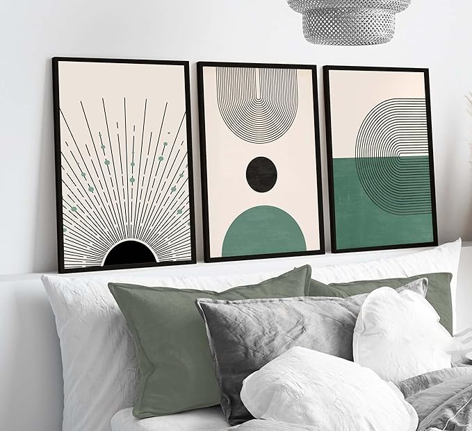 3 Pcs Sage Green Boho Canvas Wall Art Modern Abstract Minimalist Neutral Bohemian Sun Geometric Line Painting Picture Wall Decor Poster Print Artwork for Living Room Bedroom Home Decoration Unframed-Ruum Studio Home