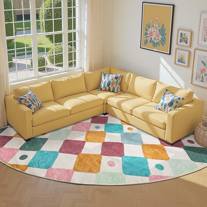 jinchan Kids Rug for Classroom 8ft Radius Corner Washable Area Rug Modern Colorful Quarter Circle Rug Soft Non-Slip Carpet for Nursery Playroom Daycare Reading Nook Living Room Confetti on Cream-Ruum Studio Home