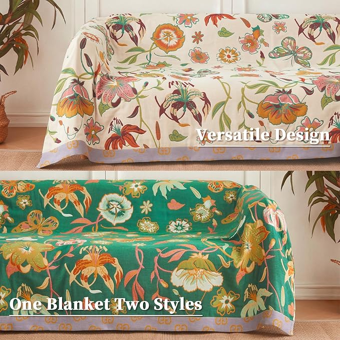 Floral Throw Blanket Pure Cotton Ultra Soft Lightweight Blanket Reversible Farmhouse Blankets Reversible Rustic Throw for Sofa Couch (60"x80",05-Butterfly and Flower)-Ruum Studio Home