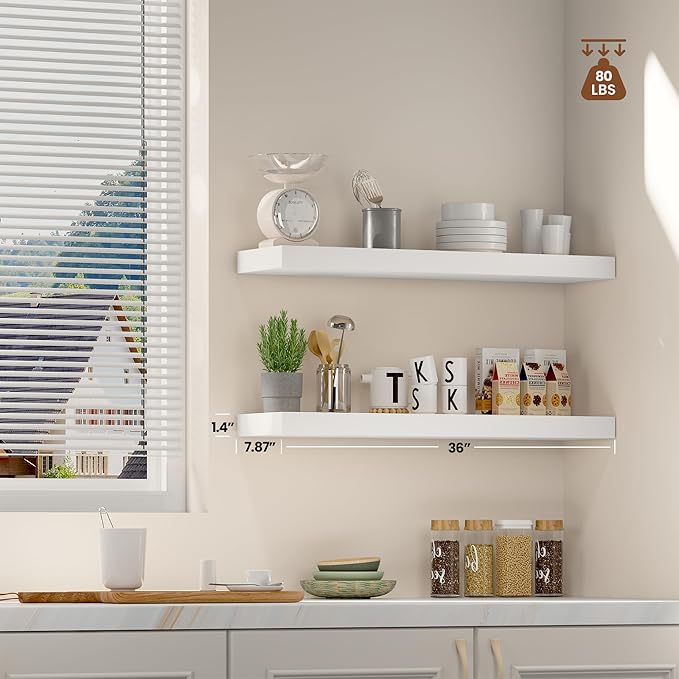 Floating Wood Shelves for Wall 36 Inches x 8”x 1.4” Shelf Floating Home Decor, Heavy Duty Shelf Hold 80 lbs, Wall Shelves for Bathroom Living Room Kitchen Bedroom Office - Set of 2 White-Ruum Studio Home