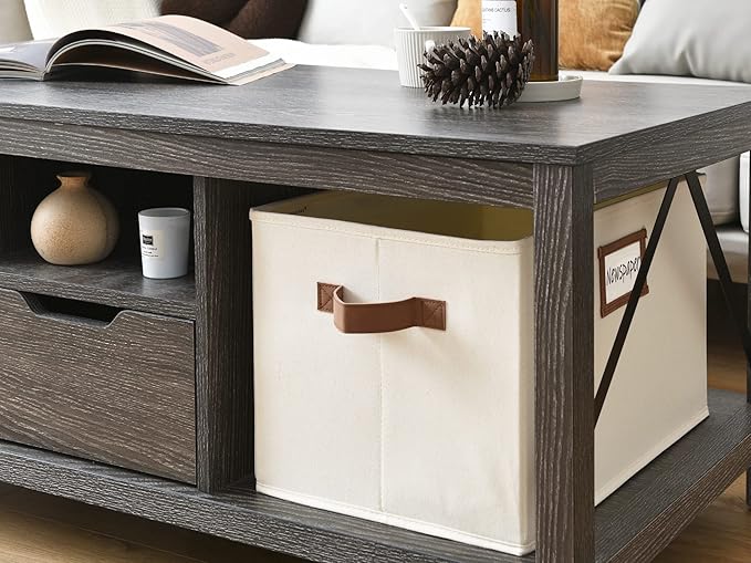 StorageWorks Storage Baskets for Shelves, Foldable Fabric Closet Storage Bins with PU Handles, Fabric Storage Bins Clothes Organizer, Ivory White, 3-Pack, Extra Large-Ruum Studio Home