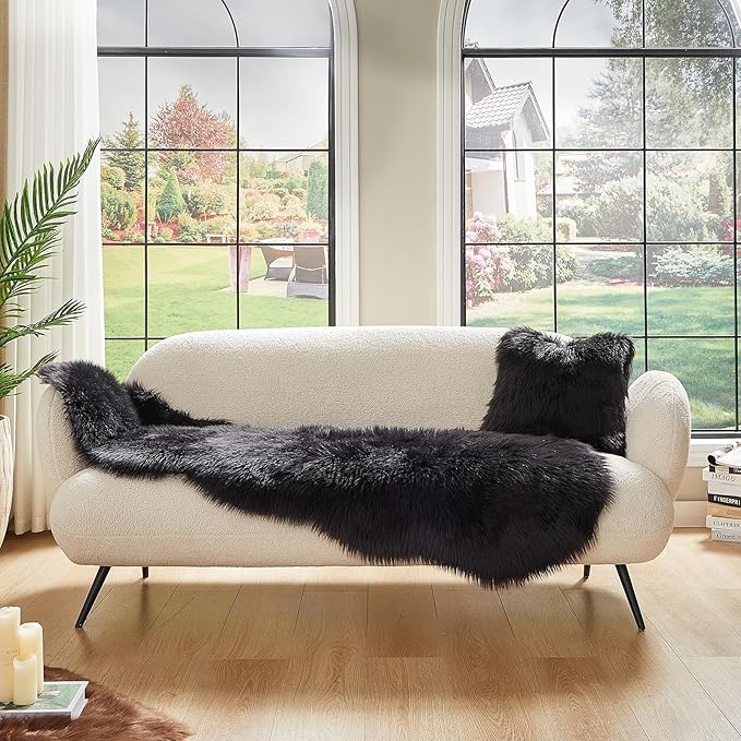 AMTOVO Faux Sheepskin Rug, Black Ultra Soft Fluffy Shag Area Rug, 2 x 6 ft Faux Fur Rug for Bedroom Sofa Throw Cushion Room Decor, Sheepskin-Ruum Studio Home