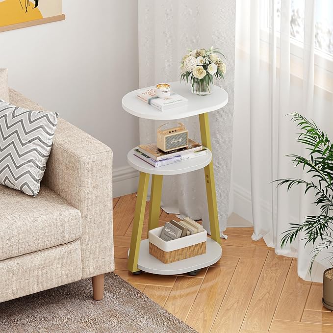 Side Table, Small End Table with Metal Frame, 3-Tier Bedside Tables, Round Side Tables for Living Room Bedroom Couch Bathroom, Oval, White-Ruum Studio Home