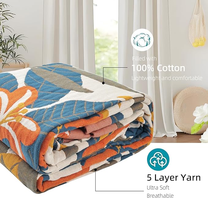 Boho Throw Blanket for Bed - 100% Pure Cotton Ultra Soft Rustic Quilt - Farmhouse Decor Bed Blankets, All Season Rustic Throw for Sofa Couch Chair(91''x 98'', Floral Sea)-Ruum Studio Home