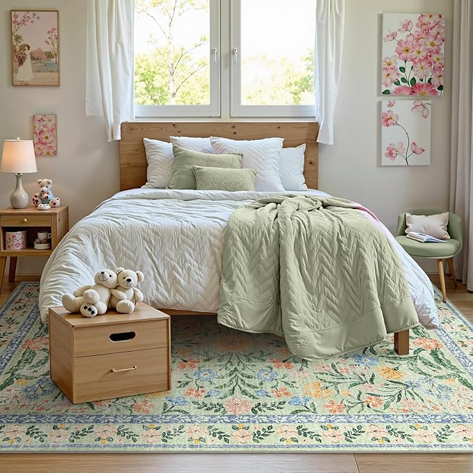 Wonnitar Washable Floral 6x9 Rug, Soft Green Area Rug Boho Non Slip Dining Room Carpet, Non-Shedding Flower Floor Carpets for Kids Bedroom Living Room Dorm Playroom-Ruum Studio Home