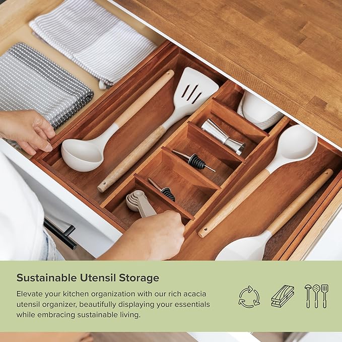 Adjustable Kitchen Drawer Organizer for Utensils and Junk, Food-Safe Contract Grade with 100% Sustainable Wood, Non-Slip, Expandable from 18.5 to 33 Inches Wide - Natural Acacia-Ruum Studio Home