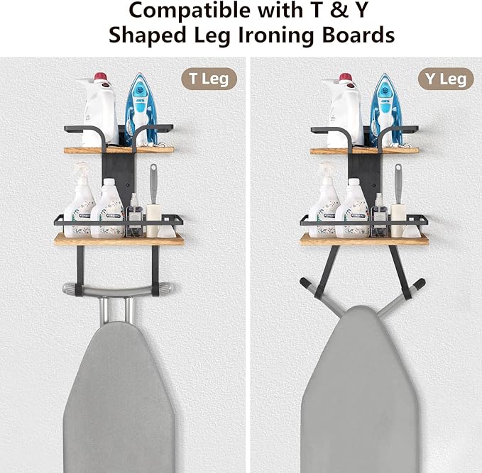 VINAEMO Ironing Board Hanger Wall Mount, 2-Layer Iron and Ironing Board Holder, Laundry Room Shelves Solid Wood with Removable Hooks Home Organization and Storage-Ruum Studio Home