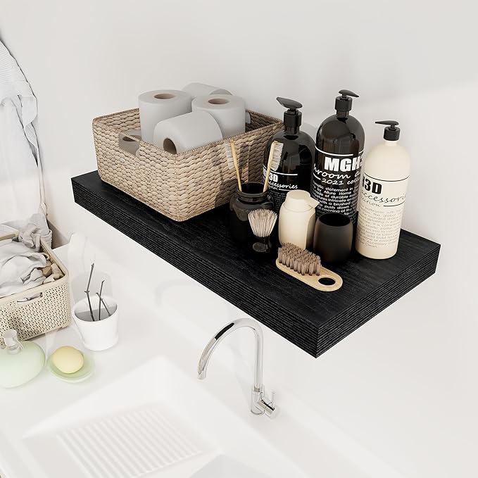 12 Inch Deep Black Floating Shelves, 24 x 12 Floating Shelf for Books, Rustic Wood Deep Wall Shelves for Home Storage & Display, 2" Thicked Shelves for Kitchen, Living Room, Bedroom, 2 Pack-Ruum Studio Home