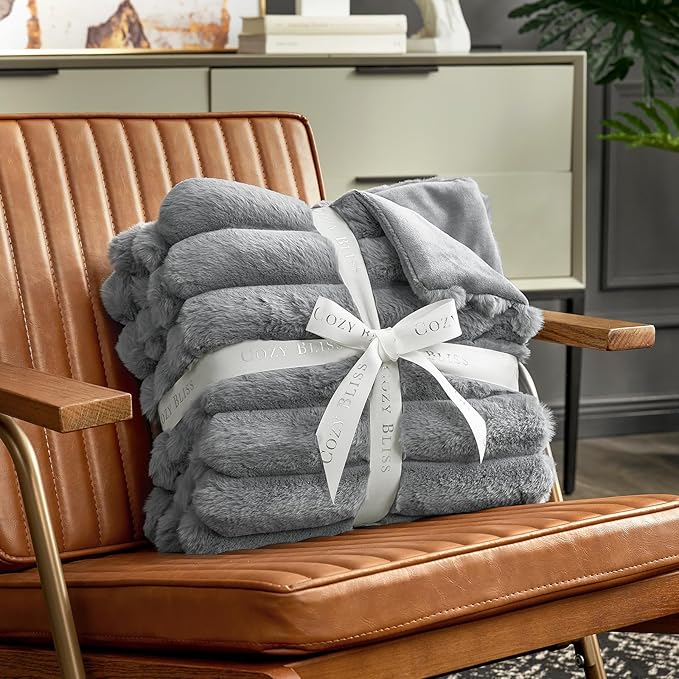 Cozy Bliss Faux Fur Throw Blanket for Couch, Cozy Warm Plush Striped Blanket for Sofa Bedroom Living Room,60 * 80 Inches Grey-Ruum Studio Home
