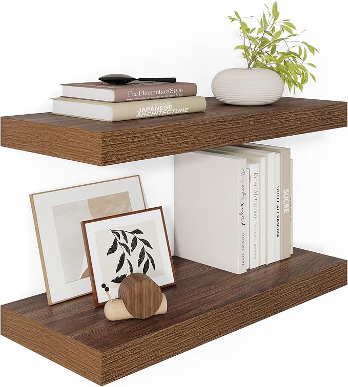 Wide Floating Shelves for Wall 12 Inch Deep, 24" X 12" X 2" Floating Shelf, 2 Inch Thick Shelf for Bathroom Bedroom Kitchen Book Room, Heavy Duty 55lbs Shelves for Farmhouse Decor Set of 2, Walnut-Ruum Studio Home
