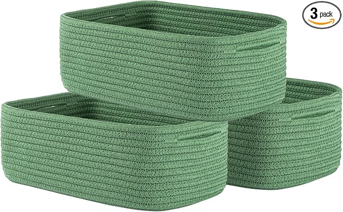 KALLAX Small Woven Basket, 12 x 8 x 4.5 Inches, Storage Basket for Organizing, Cute Small Rope Shelf Closet Cube Storage Bins Baskets for Shelves, Dog Toy Gift Baskets Empty, 3 Packs, Green-Ruum Studio Home