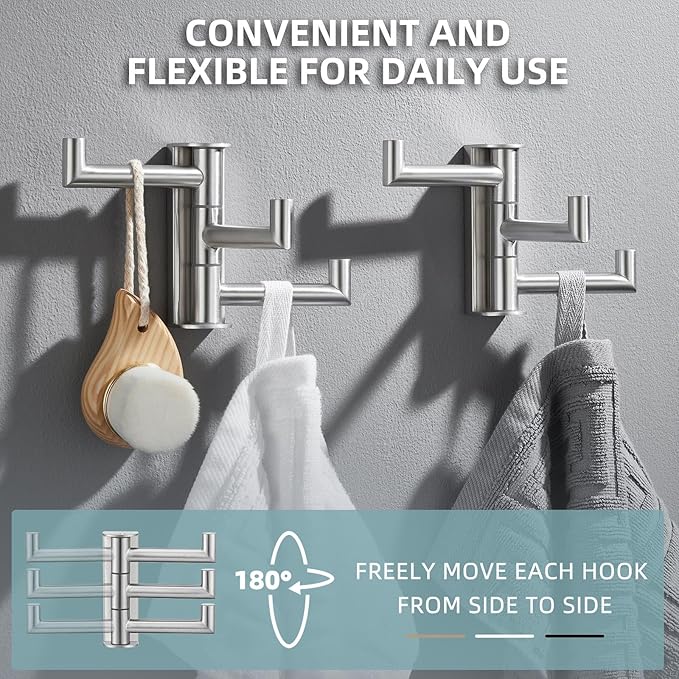Angle Simple Swivel Towel Hooks, SUS 304 Stainless Steel Foldable Robe Hand Towel Holder for Bathroom Kitchen Wall, Brushed Nickel, 2 Pack-Ruum Studio Home