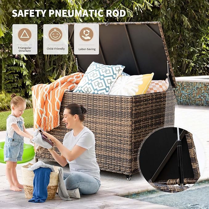 178 Gallon Outdoor Storage Box, Handle Large Portable Wicker Rattan Deck Box for Patio Furniture Cushions, Patio Deck Box with 2 WheelsThrow Pillows, Garden Tools and Pool Floats (Brown)-Ruum Studio Home