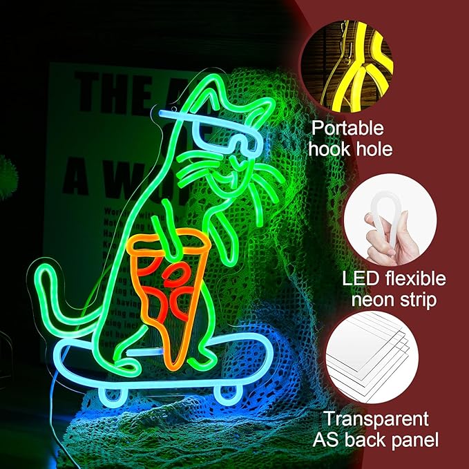 Skateboard Cat Neon Sign LED Cool Glasses Cat Neon Light for Wall Decor Pizza Neon Light Sign Dimmable USB Cat Pizza Light Up Sign for Bedroom Pizza Restaurant Pet Shop Gift (16.7 "*12.2 ")-Ruum Studio Home