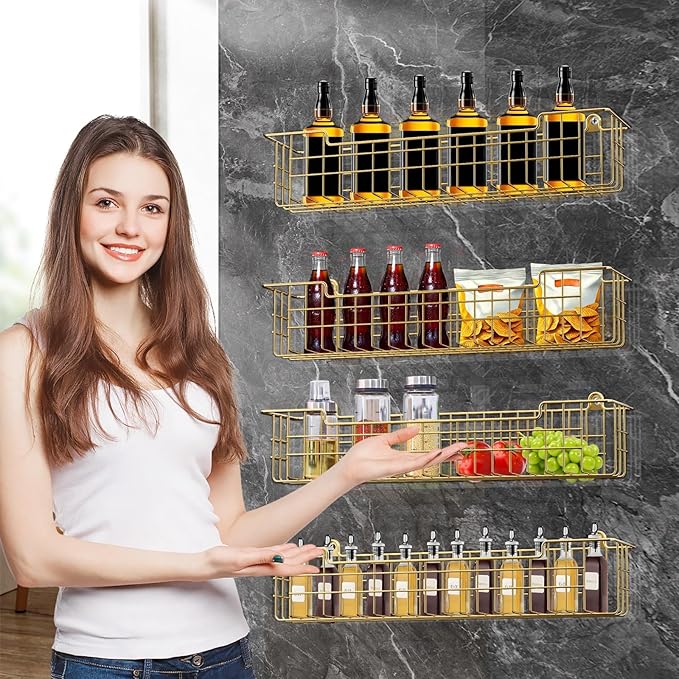 Spice Rack, 4-Pack Seasoning Organizer Wall Mount for Kitchen Storage Organization, Spice Holder Shelf Saving Space for Cabinet, RV, Pantry, Gold-Ruum Studio Home
