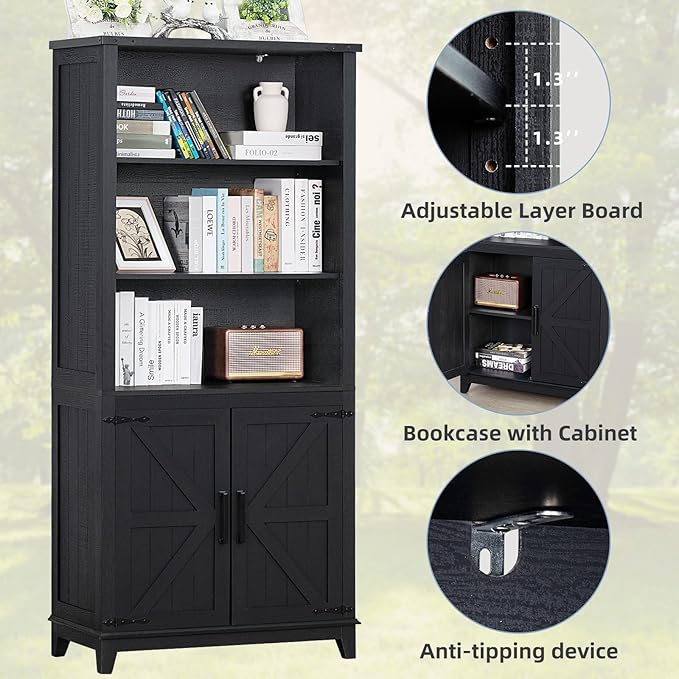 70in Tall Bookshelf 5 Tier Bookcase with Barn Doors and Adjustable Shelves, Black Farmhouse Book Shelf with Storage Cabinet, Wood Freestanding Display Bookshelves for Bedroom, Kitchen (2PCS)-Ruum Studio Home