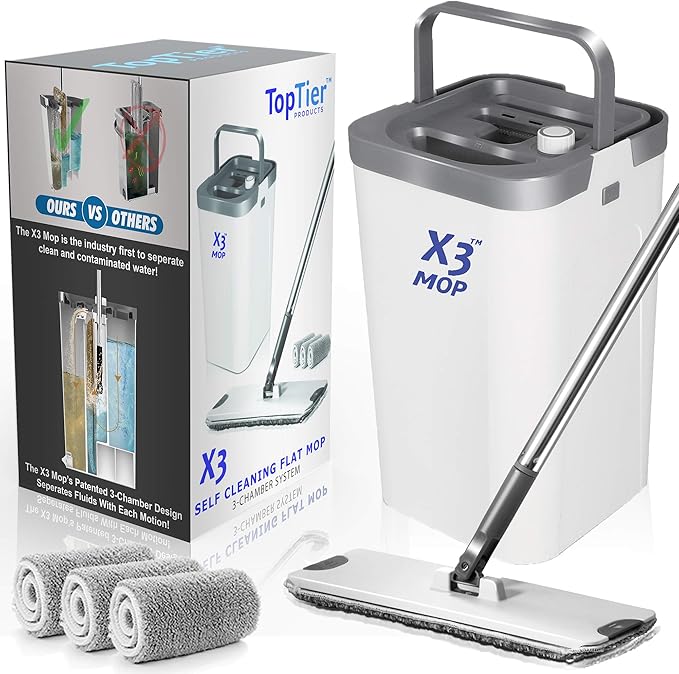 X3 Mop, Separates Dirty and Clean Water, 3-Chamber Design, Flat Mop and Bucket Set, Hands Free Home Floor Cleaning, 3 Reusable Microfiber Mop Pads Included-Ruum Studio Home