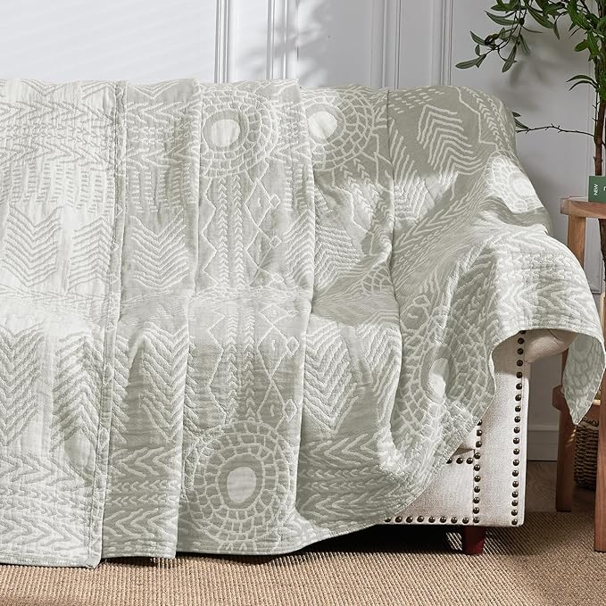 jinchan Boho 100% Cotton Muslin 50x60 Throw Blanket Lightweight 3-Layer Light Grey Blanket Washable Reversible Breathable Decorative Geometric Striped Patterned Soft Cozy for Sofa Bed All Season Gift-Ruum Studio Home