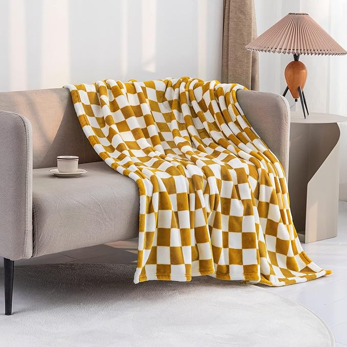 LOMAO Throw Blankets Flannel Blanket with Checkerboard Grid Pattern Soft Throw Blanket for Couch, Bed, Sofa Luxurious Warm and Cozy for All Seasons (Yellow, 90"x90")-Ruum Studio Home