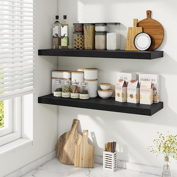 Fun Memories Floating Shelves for Wall, 32 Inch Rustic Wood Wall Mounted Shelves for Bathroom, Bedroom, Kitchen, Living Room, Deep Floating Shelves for Storage & Home Decor (Black, Set of 2)-Ruum Studio Home