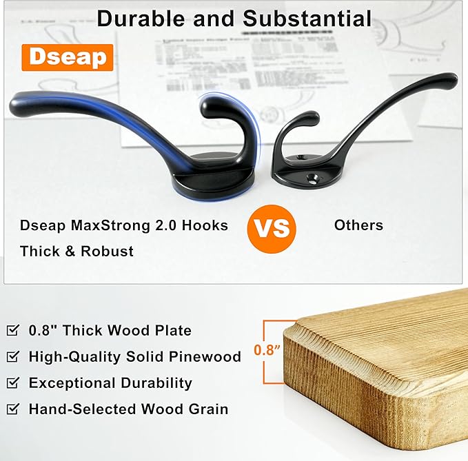 Dseap Coat Rack Wall: 24" Long, Patented, Heavy-Duty, 6-Double-Hooks Wooden Wall Mounted Coat Rack Coat Hanger Hook Rail for Winter Coats Hat Jacket Clothing, Light Brown-Ruum Studio Home