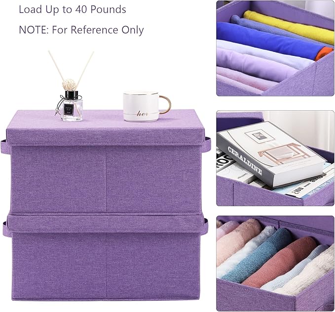 HOONEX Foldable Storage Bins with Lids, Pack of 2, Storage Boxes with 2 Carrying Handles and Sturdy Heavy Cardboard, 16.5" L x 11.8" W x 7.5" H for Shoes, Books, Clothes, Purple-Ruum Studio Home