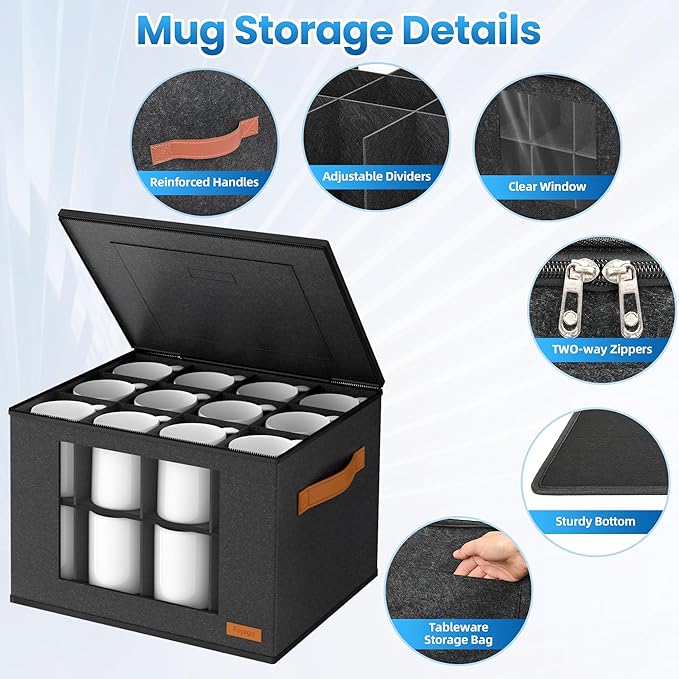 2-Layer Coffee Mug Storage Box with Dividers, Coffee Cup Storage Organizer with Zipper Lid and Handles, Stackable Mug and Cup organizer Service for 24 Coffee Mugs, Cups and Glasses, Dark Grey-Ruum Studio Home