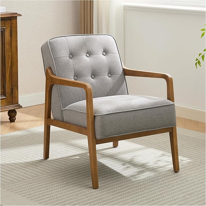 Linen Accent Chair, Mid Century Modern Chair for Living Room, Upholstered Comfy Lounge Armchair with Solid Wood Frame, Reading Side Chair for Bedroom,105°Ergonomic Comfort, Grey-Ruum Studio Home