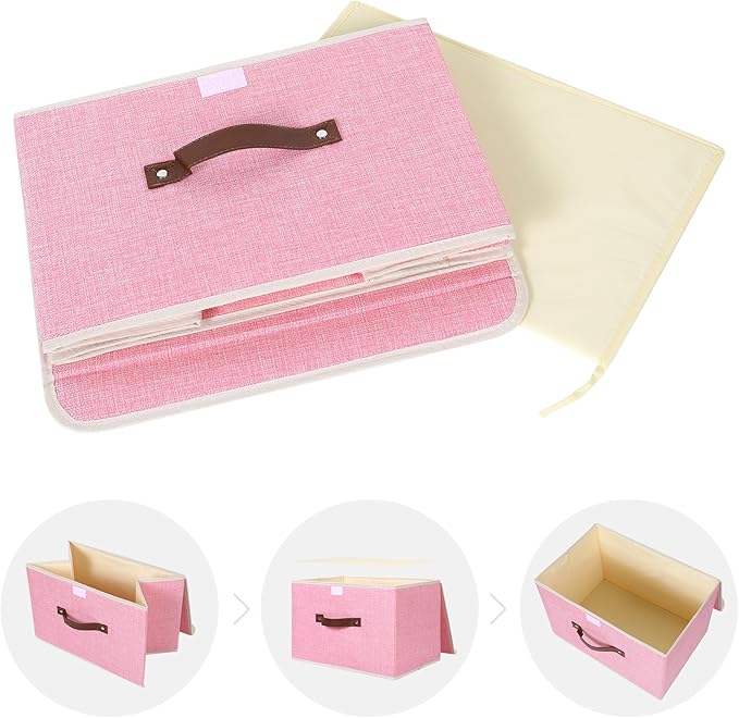 ANMINY Storage Bin with Lid Storage Boxes with PU Leather Handles PP Plastic Board Decorative Foldable Lidded Cotton Linen Fabric Home Cubes Baskets Closet Organizer Container - Pink, Large Size-Ruum Studio Home