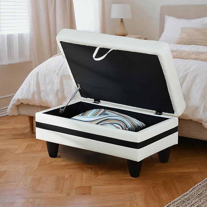 Ottoman Rectangular Storage Ottoman Bench, Faux Leather Footrest, Coffee Table, Stool Footstool with Hinged Lid for Living Room, Bedroom, Entryway, White with Black Strip, 35"x23.5"x17.5"-Ruum Studio Home