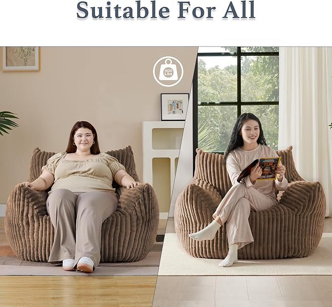 Giant Plush Bean Bag Chair for Adults with Armrests - Oversized Comfy Khaki Beanbag Lounge Lazy Floor Sofa Chair for Living Room, Bedroom & Dorm, Cozy Fluffy Single Cloud Mini Couch-Ruum Studio Home