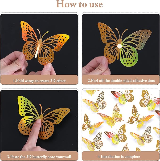 SAOROPEB 3D Butterfly Wall Decor - 48 Pcs, 4 Styles, 3 Sizes - Removable Gold Decorations for Birthday & Party Celebrations-Ruum Studio Home