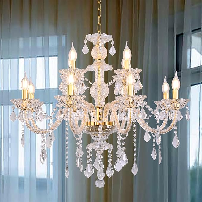 Contemporary Crystal Chandelier 12 Lights Clear Crystal Ceiling Lights for Living Room，E12 Base Double Layered Pendant Light Fixture for Dining Room Staircase, Hallway-Ruum Studio Home