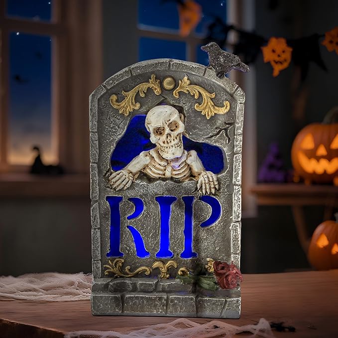 Halloween Decoration Indoor 7.6″ Tombstone Statue with LED Lights Spooky Skull Head Gravestone Skeleton RIP Lighting Changes Halloween Village for Table Shelf Home Party Outdoor Decor Gifts-Ruum Studio Home