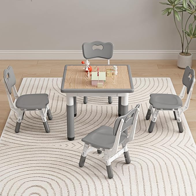Kid Table and Chairs, Height Adjustable Childrens Table and Chair Set, Kids Tables for Age 2-8, Graffiti Desktop, Table for Kids with 4 Seats, Small Kids Table, Max 300lbs-Ruum Studio Home
