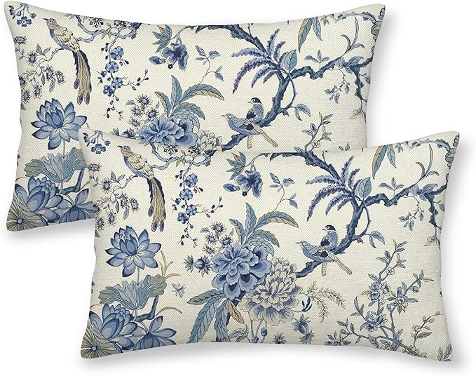 CXMEIFLY Spring Floral Birds Pillow Covers 12 x 20 Inch Set of 2 for Chinoiserie Flowers Decor Throw Pillows Blue and White Plant Outdoor Decorative Cushion Cases for Couch Bed Decorations-Ruum Studio Home