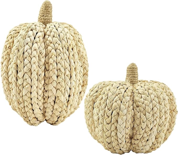 naturevibe 7.5/5.5Inches Braided Cornhusk Pumpkin Decor Set of 2 as Centerpieces for Tables,Natural Corn Stalks Woven Pumpkins for Fall Home Decor,Thanksgiving Decorations or Autumn Harvest Gifts-Ruum Studio Home