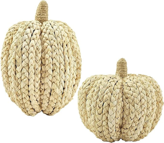 naturevibe 7.5/5.5Inches Braided Cornhusk Pumpkin Decor Set of 2 as Centerpieces for Tables,Natural Corn Stalks Woven Pumpkins for Fall Home Decor,Thanksgiving Decorations or Autumn Harvest Gifts-Ruum Studio Home