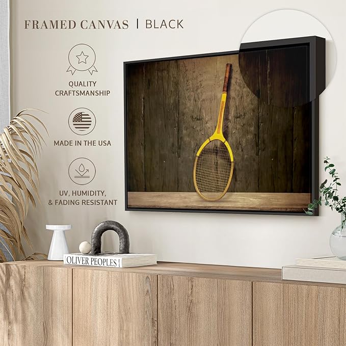 ElephantStock Vintage Tennis Racket Wall Art - Horizontal Framed Canvas - 1-Piece Living Room Wall Decor - Photography Sports Canvas Print - Brown and Black Decor for Wall - 19" X 13"-Ruum Studio Home