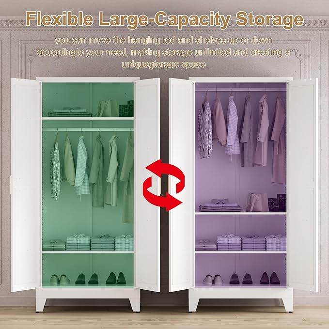 71'' Farmhouse Metal Wardrobe Cabinet with Hanging Rod, 2 Barn Door Wardrobe Closet with 2 Adjustable Shelves,for Dining Room,Bedroom,Living Room, Cloak Room,Office (White)-Ruum Studio Home