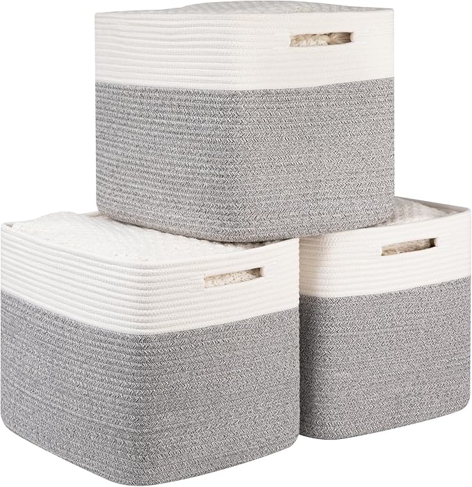 OIAHOMY 13 Kallax Inch Cube Storage Bins, 3-Pack Cotton Rope Woven Baskets for Organizing, Kallax Insert Storage Baskets for Shelves, Baby Nursery, Closet Organizer, 15*13*12.6IN, Grey & White-Ruum Studio Home