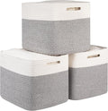 OIAHOMY 13 Kallax Inch Cube Storage Bins, 3-Pack Cotton Rope Woven Baskets for Organizing, Kallax Insert Storage Baskets for Shelves, Baby Nursery, Closet Organizer, 15*13*12.6IN, Grey & White-Ruum Studio Home