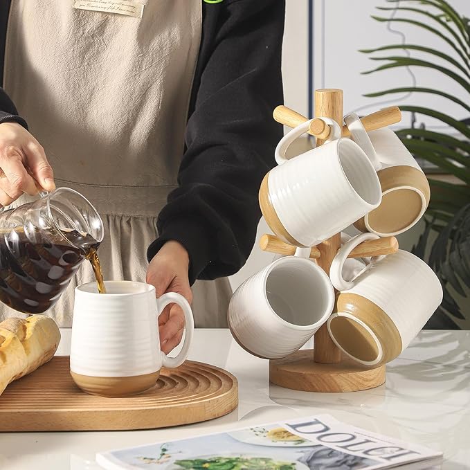 Hasense Porcelain Coffee Mugs Set of 6, 15 Ounce Large Ceramic Coffee Cups Set with Handle for Latte, Tea, Cocoa and Hot Chocolate, White Coffee Mugs for Men and Women, Microwave Safe-Ruum Studio Home