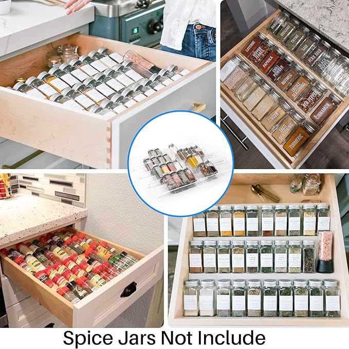 Antimbee Spice Drawer Organizer, 4 Tier- 8 Pack Kitchen Spice Rack Tray for Drawer, Expandable From 13" to 26" Acrylic Seasoning Organizer Rack Holds up 56 Spice Jars (Jars not Include)-Ruum Studio Home