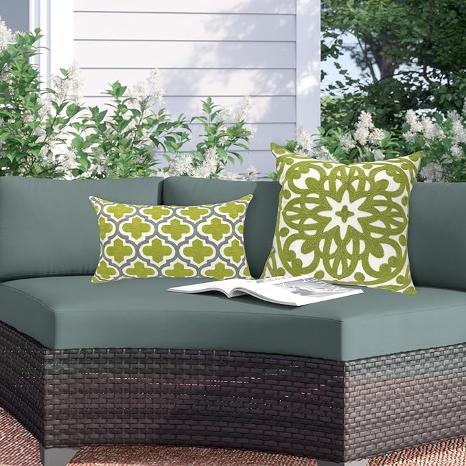 Alysheer Embroidered Lumbar Decorative Throw Pillow Cover 12"x 20", Classic Boho Geometric Embroidery Pattern Cotton Rectangular Cushion Case for Sofa Couch Living Room Bedroom(Green Grey)-Ruum Studio Home