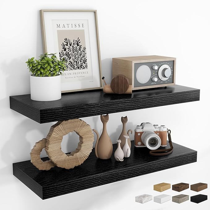 RICHFOCUS 31.5Inch Floating Shelves for Wall 2 Pack Shelves for Bedroom|Kitchen|Bathroom Wall Mounted Rustic Wood Floating Shelf with Invisible Brackets for Books|Storage|Decor, Black-Ruum Studio Home