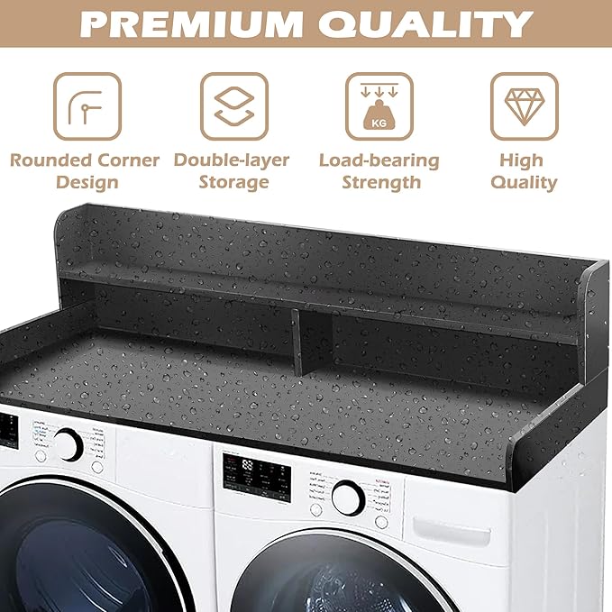 Royxen Laundry Countertop with 2-Tier Shelf Universal Fit, Washer and Dryer Countertop with Storage Space, Shelf Height 11.5 Inches, Solid Wood, Black-Ruum Studio Home