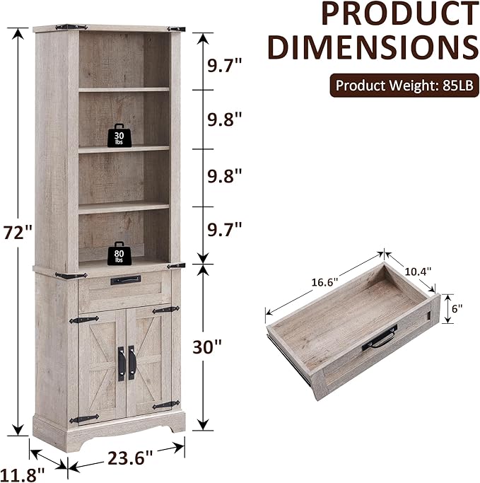 OKD 72'' Tall Bookshelf with Storage, Farmhouse 4 Tier Bookcase w/Barn Door, Adjustable Shelves and Drawers, Rustic Wooden Office Bookshelves for Home Bedroom, Living Room, Library (Light Rustic Oak)-Ruum Studio Home